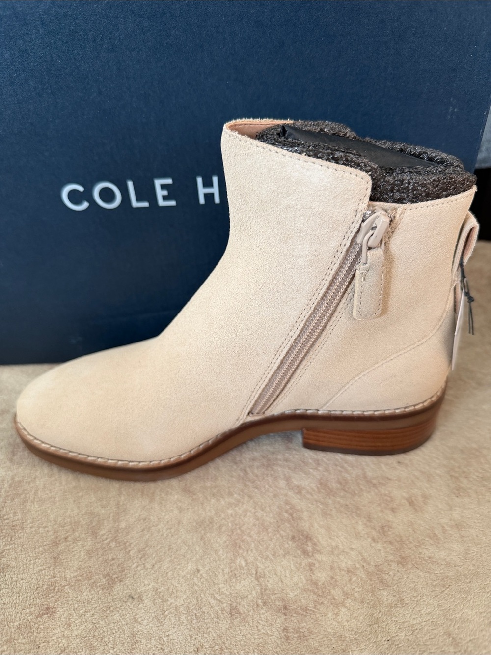 Cole Haan Ramona Beige Suede Ankle Boot with Side Zip